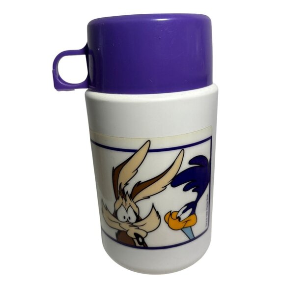 Looney Tunes Thermos 1996 Wile E Coyote & Road Runner With Purple Lid - Picture 1 of 10